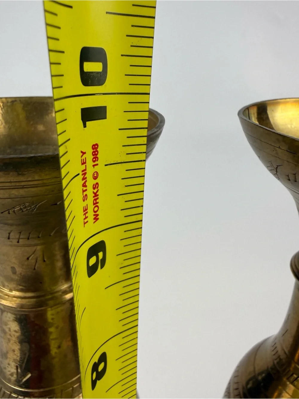 Vtg MCM Solid Brass India Bud Vases Etched Floral Engraved Design 10 Inches